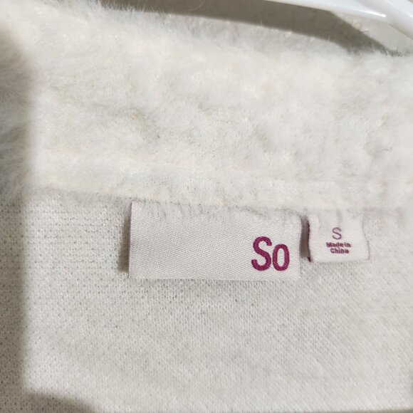 SO Sweater Womens Cropped Button-Up Cardigan Faux Fuzzy Knit Small White - Picture 2 of 12